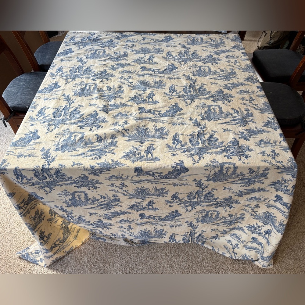 VTG Le Telerie Toscane Made in Italy Blue on Khaki Toile Tablecloth 68” X 83”